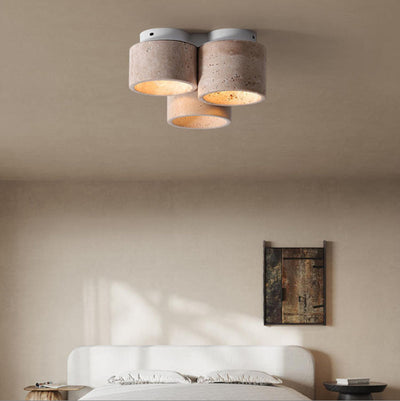 Traditional Japanese Travertine Iron Cylinder 3-Light Semi-Flush Mount Ceiling Light For Hallway
