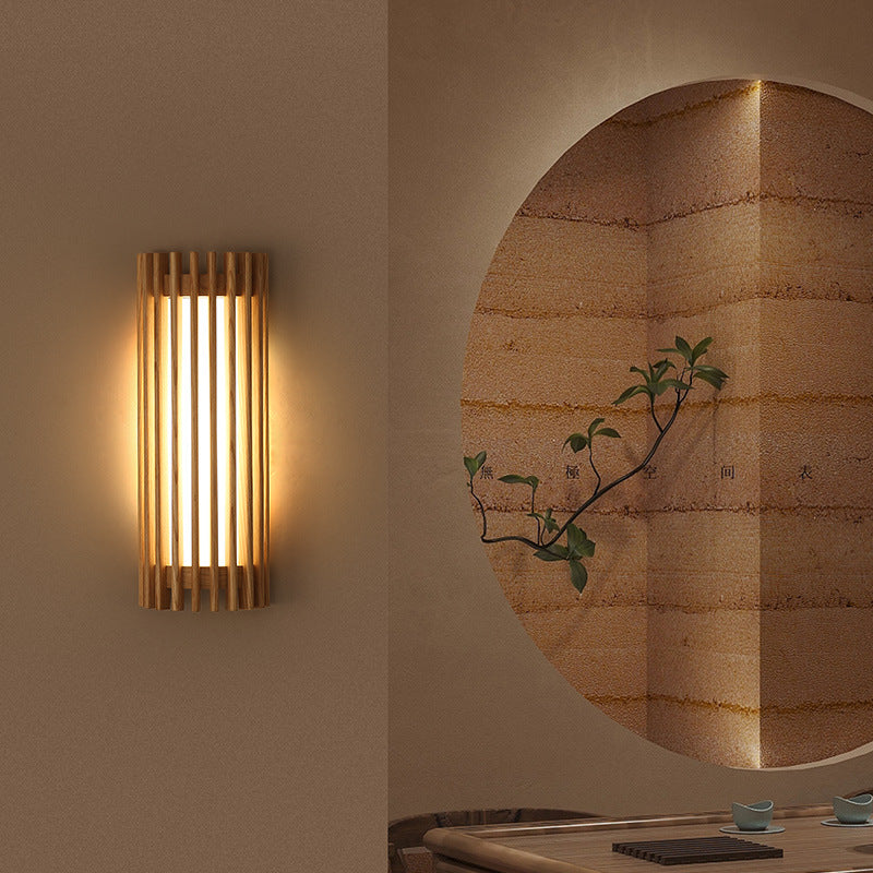 Traditional Japanese Walnut Acrylic Semicircular Fence Line LED Wall Sconce Lamp For Hallway