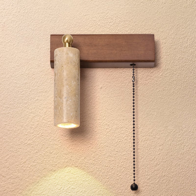 Contemporary Retro Travertine Wood Rectangular Adjustable Spotlight Pull Chain LED Wall Sconce Lamp For Bedside
