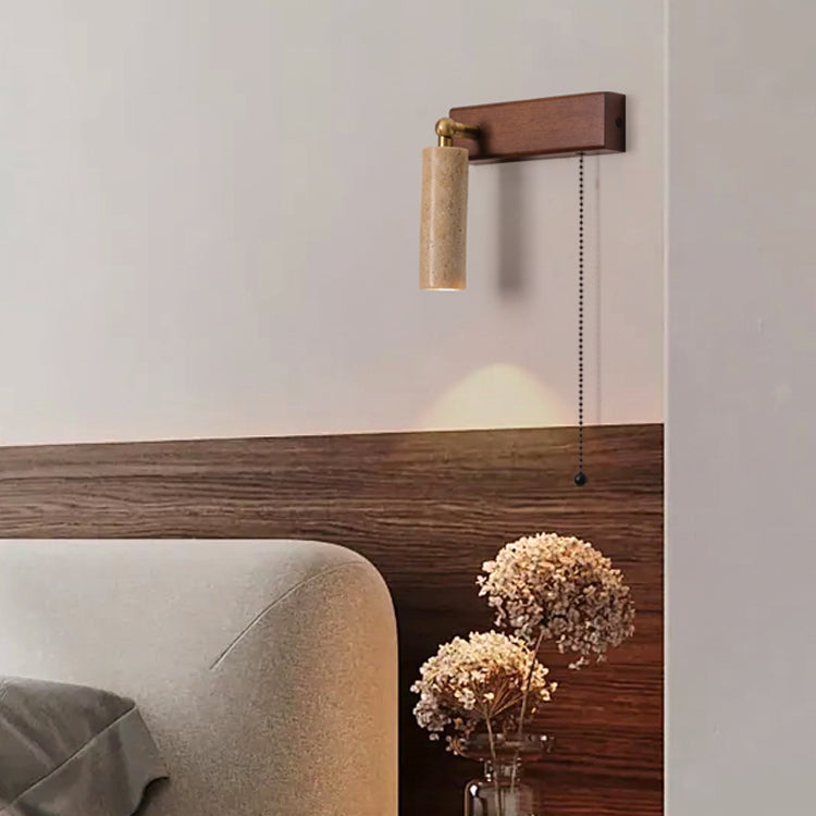 Contemporary Retro Travertine Wood Rectangular Adjustable Spotlight Pull Chain LED Wall Sconce Lamp For Bedside