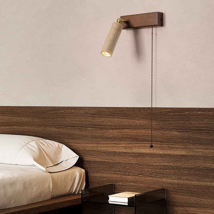 Contemporary Retro Travertine Wood Rectangular Adjustable Spotlight Pull Chain LED Wall Sconce Lamp For Bedside