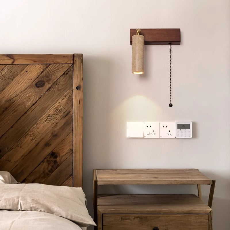Contemporary Retro Travertine Wood Rectangular Adjustable Spotlight Pull Chain LED Wall Sconce Lamp For Bedside