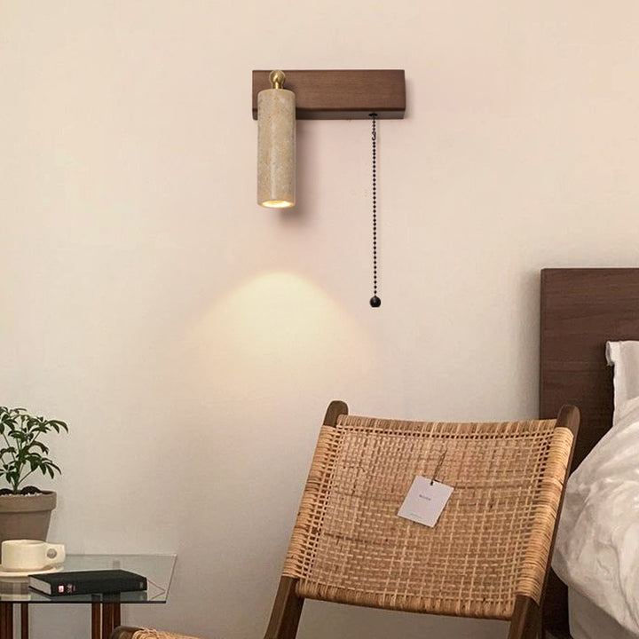 Contemporary Retro Travertine Wood Rectangular Adjustable Spotlight Pull Chain LED Wall Sconce Lamp For Bedside
