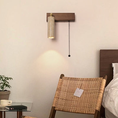 Contemporary Retro Travertine Wood Rectangular Adjustable Spotlight Pull Chain LED Wall Sconce Lamp For Bedside