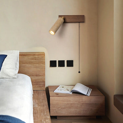 Contemporary Retro Travertine Wood Rectangular Adjustable Spotlight Pull Chain LED Wall Sconce Lamp For Bedside