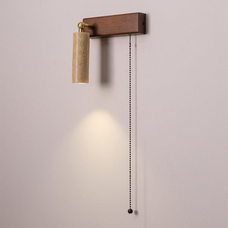 Contemporary Retro Travertine Wood Rectangular Adjustable Spotlight Pull Chain LED Wall Sconce Lamp For Bedside