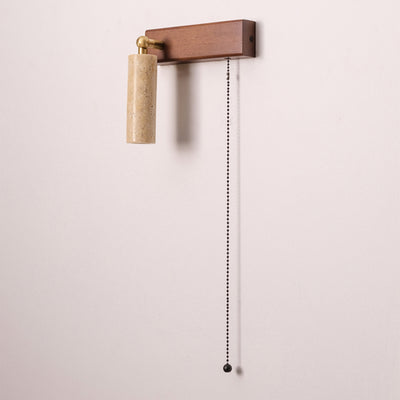 Contemporary Retro Travertine Wood Rectangular Adjustable Spotlight Pull Chain LED Wall Sconce Lamp For Bedside