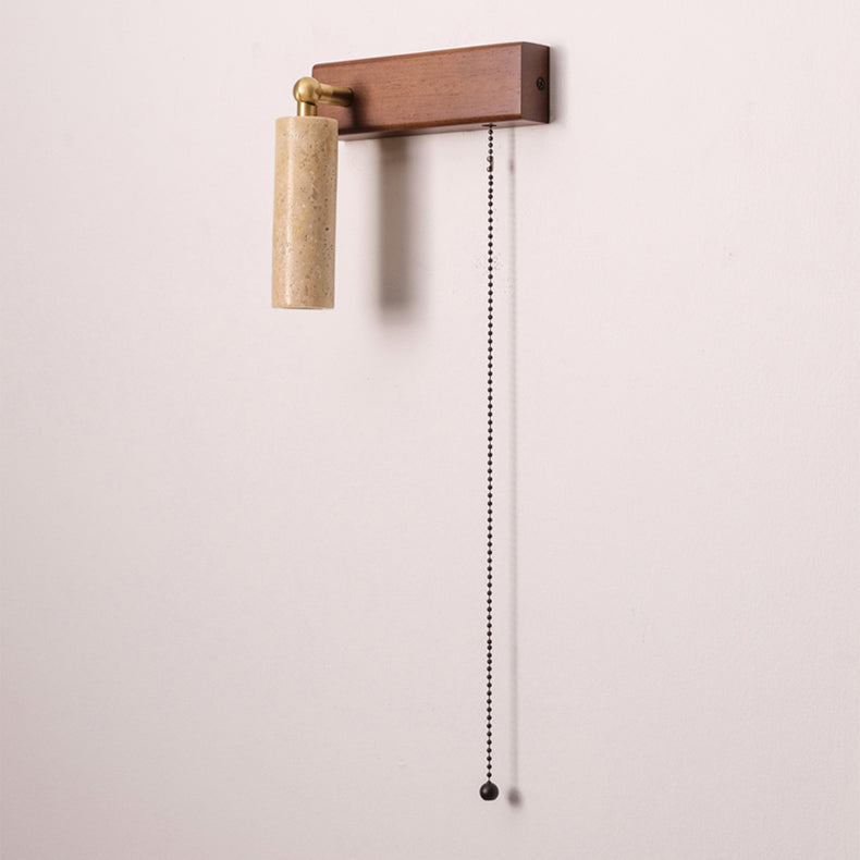 Contemporary Retro Travertine Wood Rectangular Adjustable Spotlight Pull Chain LED Wall Sconce Lamp For Bedside