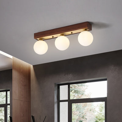 Contemporary Scandinavian Walnut Brass Glass Ball Rectangular Base 2/3 Light Semi-Flush Mount Ceiling Light For Hallway