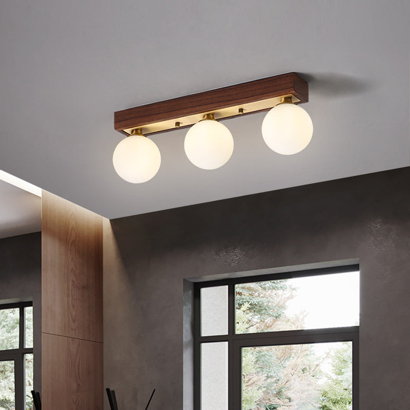 Contemporary Scandinavian Walnut Brass Glass Ball Rectangular Base 2/3 Light Semi-Flush Mount Ceiling Light For Hallway