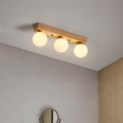 Contemporary Scandinavian Walnut Brass Glass Ball Rectangular Base 2/3 Light Semi-Flush Mount Ceiling Light For Hallway