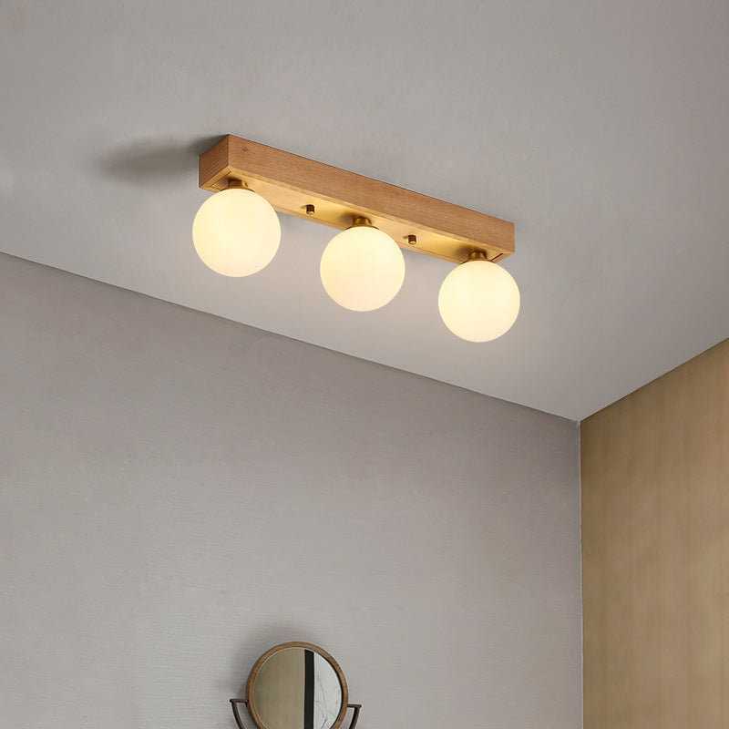 Contemporary Scandinavian Walnut Brass Glass Ball Rectangular Base 2/3 Light Semi-Flush Mount Ceiling Light For Hallway