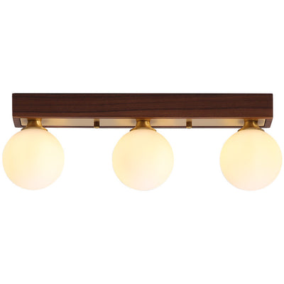 Contemporary Scandinavian Walnut Brass Glass Ball Rectangular Base 2/3 Light Semi-Flush Mount Ceiling Light For Hallway