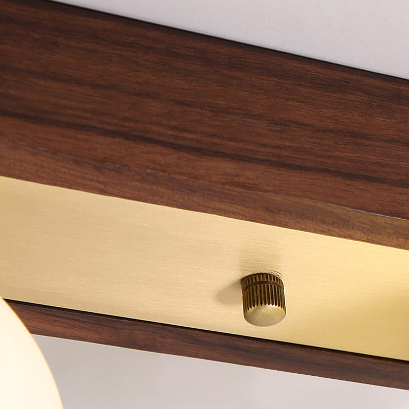 Contemporary Scandinavian Walnut Brass Glass Ball Rectangular Base 2/3 Light Semi-Flush Mount Ceiling Light For Hallway