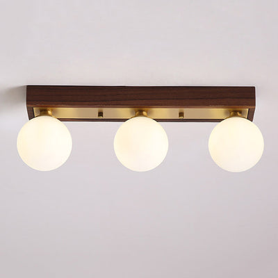 Contemporary Scandinavian Walnut Brass Glass Ball Rectangular Base 2/3 Light Semi-Flush Mount Ceiling Light For Hallway