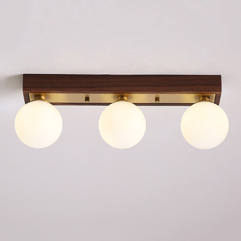 Contemporary Scandinavian Walnut Brass Glass Ball Rectangular Base 2/3 Light Semi-Flush Mount Ceiling Light For Hallway