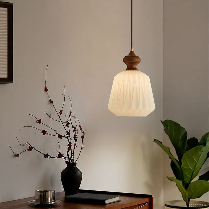 Zeitgenössische Retro Walnuss Messing Glas Origami Textur Laterne 1-Licht Pendelleuchte für Esszimmer 