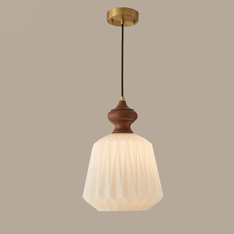 Zeitgenössische Retro Walnuss Messing Glas Origami Textur Laterne 1-Licht Pendelleuchte für Esszimmer 