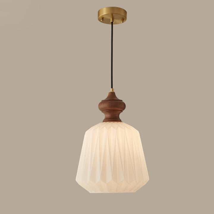 Zeitgenössische Retro Walnuss Messing Glas Origami Textur Laterne 1-Licht Pendelleuchte für Esszimmer 