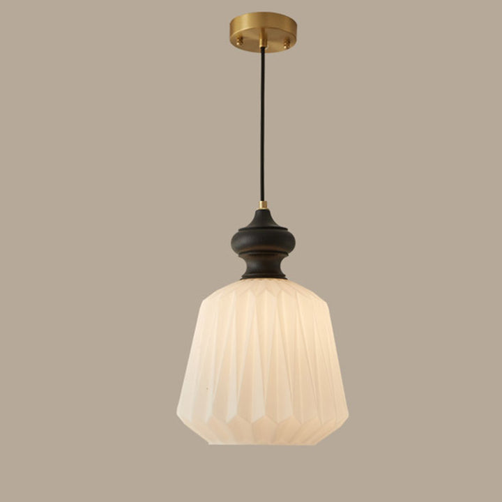 Zeitgenössische Retro Walnuss Messing Glas Origami Textur Laterne 1-Licht Pendelleuchte für Esszimmer 