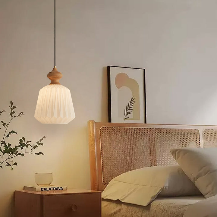 Zeitgenössische Retro Walnuss Messing Glas Origami Textur Laterne 1-Licht Pendelleuchte für Esszimmer 