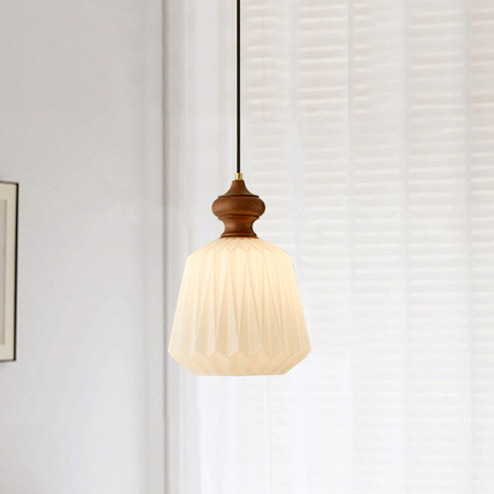 Zeitgenössische Retro Walnuss Messing Glas Origami Textur Laterne 1-Licht Pendelleuchte für Esszimmer 