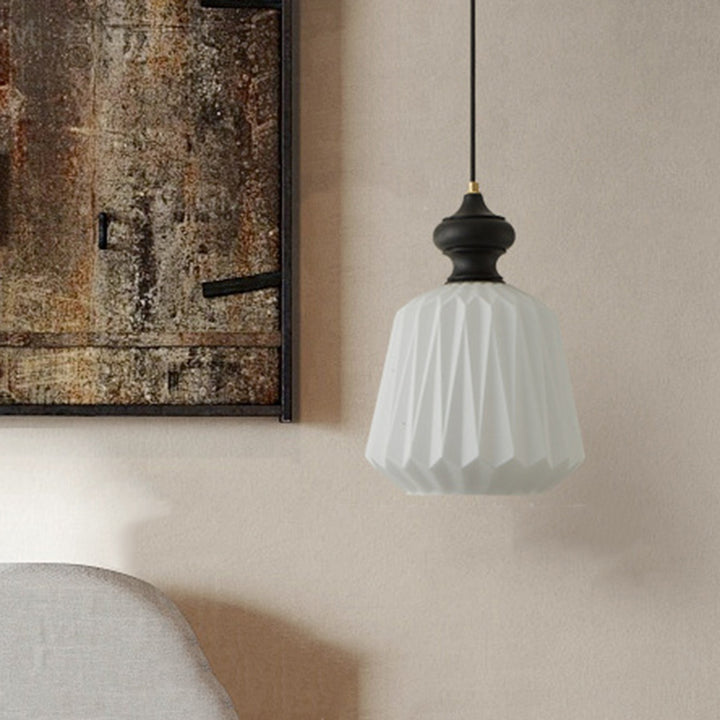 Zeitgenössische Retro Walnuss Messing Glas Origami Textur Laterne 1-Licht Pendelleuchte für Esszimmer 