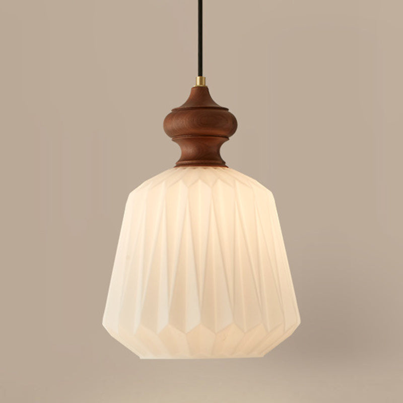 Zeitgenössische Retro Walnuss Messing Glas Origami Textur Laterne 1-Licht Pendelleuchte für Esszimmer 
