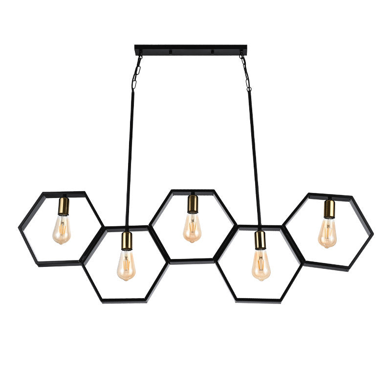 Lustres hexagonaux contemporains en fer industriel à 5 lumières pour salle à manger 