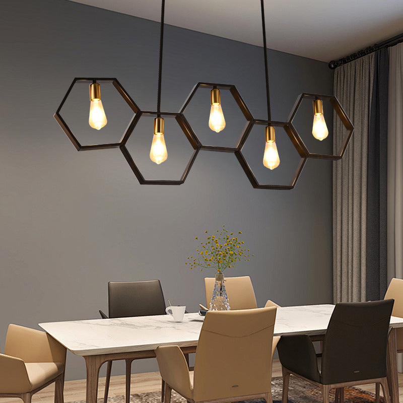 Lustres hexagonaux contemporains en fer industriel à 5 lumières pour salle à manger 