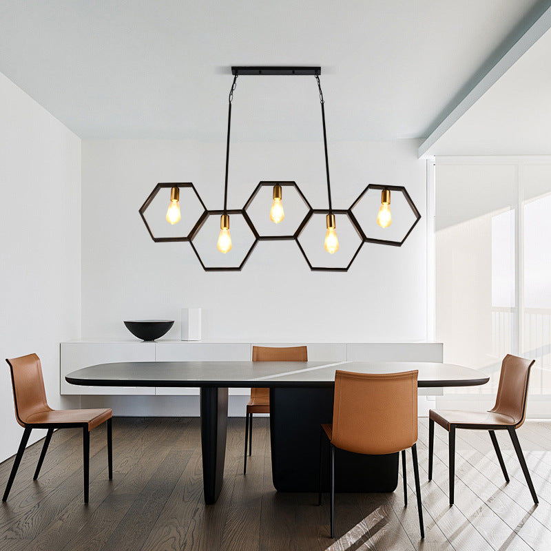 Lustres hexagonaux contemporains en fer industriel à 5 lumières pour salle à manger 
