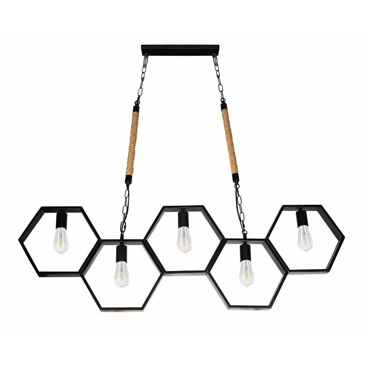 Lustres hexagonaux contemporains en fer industriel à 5 lumières pour salle à manger 