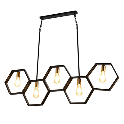 Lustres hexagonaux contemporains en fer industriel à 5 lumières pour salle à manger 