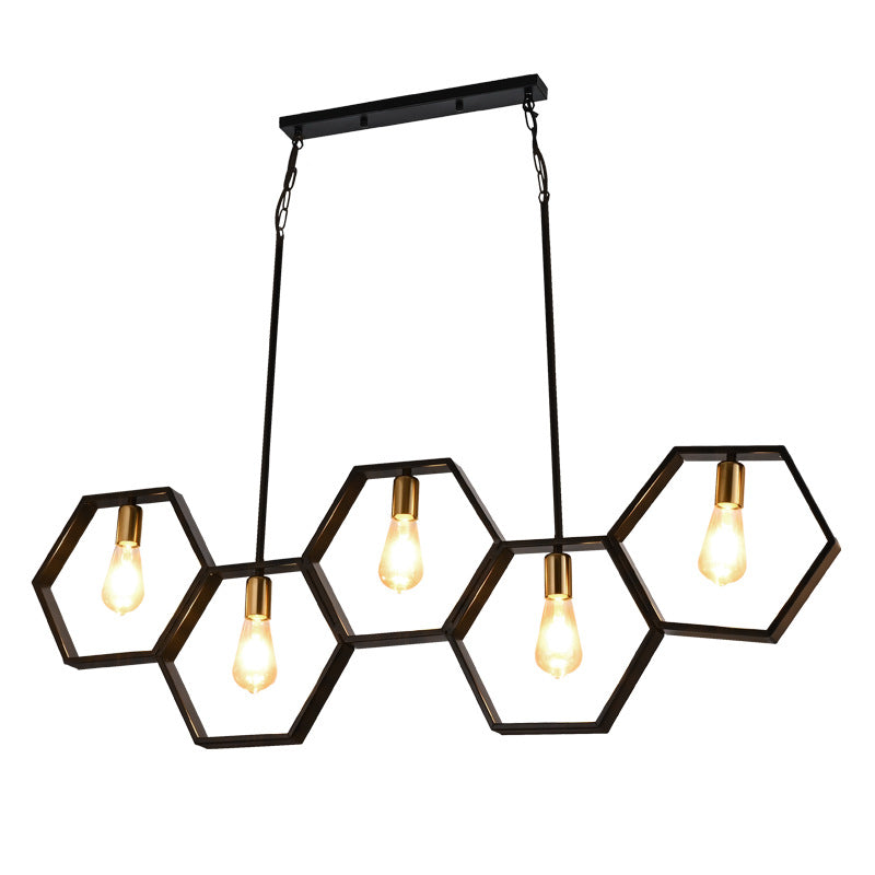 Lustres hexagonaux contemporains en fer industriel à 5 lumières pour salle à manger 