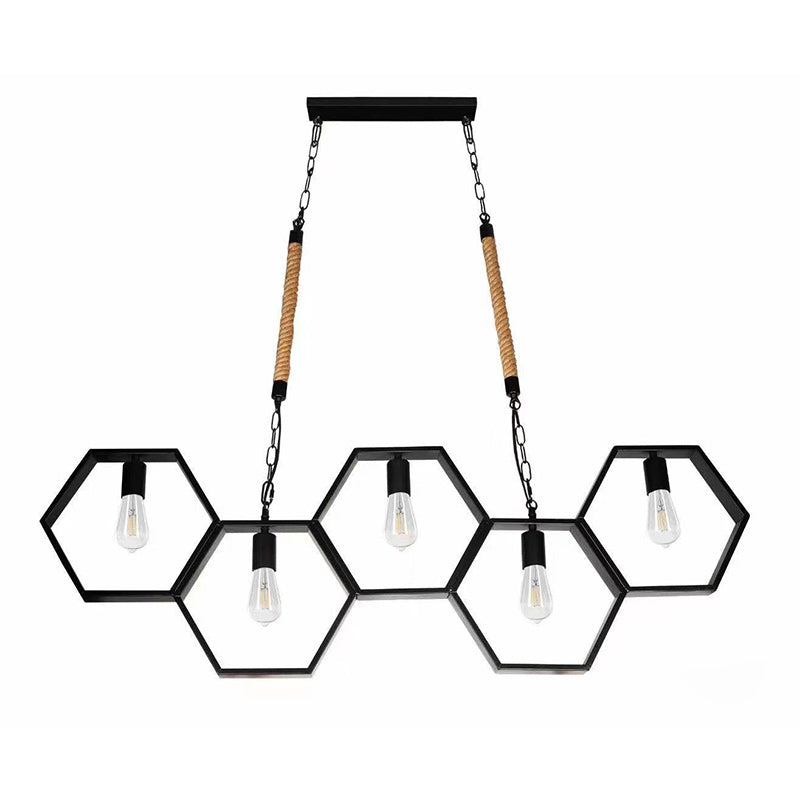 Lustres hexagonaux contemporains en fer industriel à 5 lumières pour salle à manger 