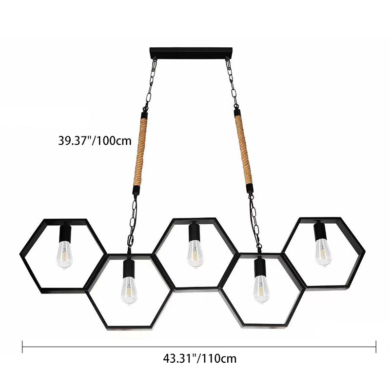 Lustres hexagonaux contemporains en fer industriel à 5 lumières pour salle à manger 