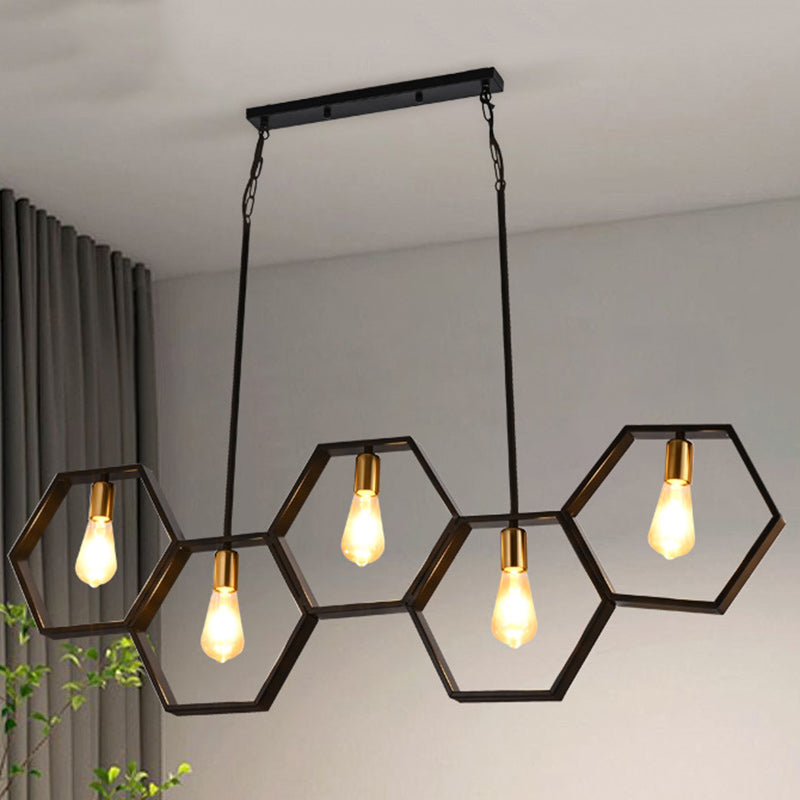 Lustres hexagonaux contemporains en fer industriel à 5 lumières pour salle à manger 