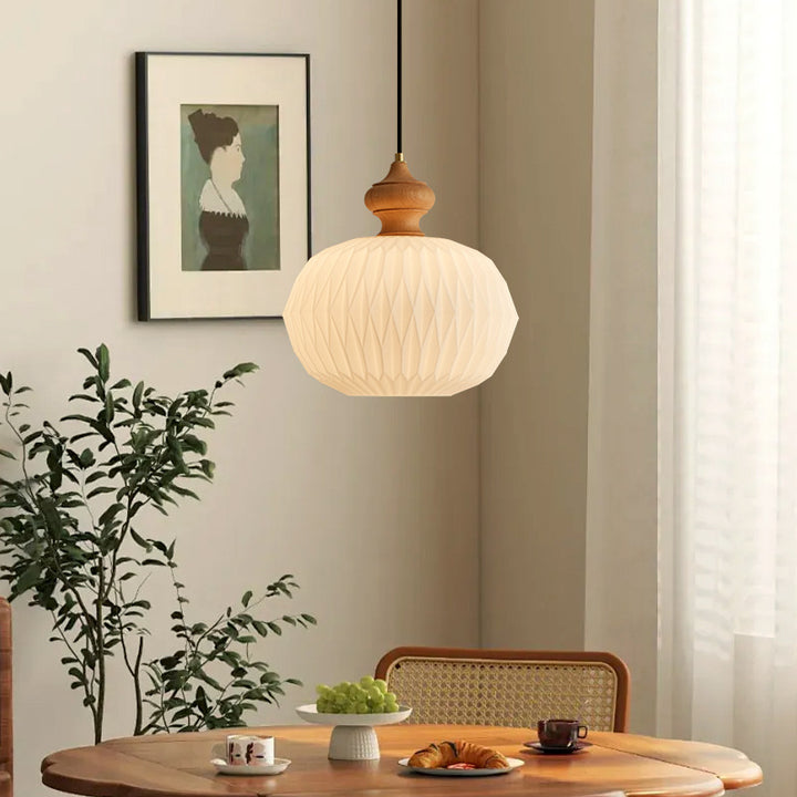 Zeitgenössische Retro-Walnuss-Messing-Glas-Runde Laterne Origami-Textur 1-Licht Pendelleuchte für Esszimmer 