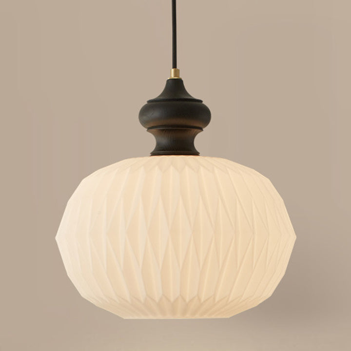 Zeitgenössische Retro-Walnuss-Messing-Glas-Runde Laterne Origami-Textur 1-Licht Pendelleuchte für Esszimmer 