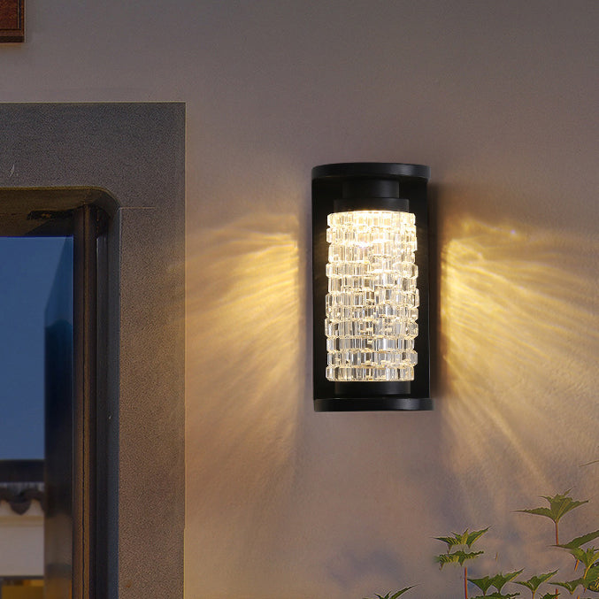 Lámpara de Aplique de Pared LED Cilíndrica de Imitación de Cristal Acrílico de Acero Inoxidable Impermeable de Lujo Moderno para Patio Exterior 