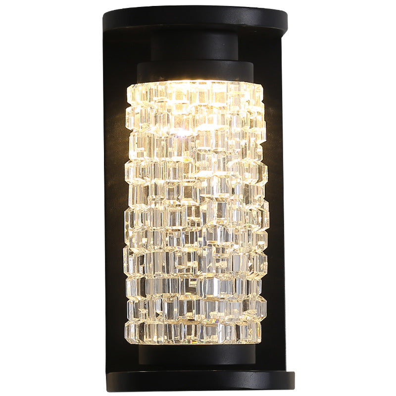Lámpara de Aplique de Pared LED Cilíndrica de Imitación de Cristal Acrílico de Acero Inoxidable Impermeable de Lujo Moderno para Patio Exterior 
