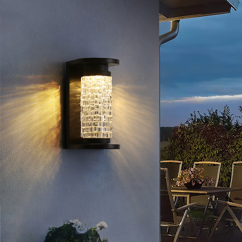 Lámpara de Aplique de Pared LED Cilíndrica de Imitación de Cristal Acrílico de Acero Inoxidable Impermeable de Lujo Moderno para Patio Exterior 