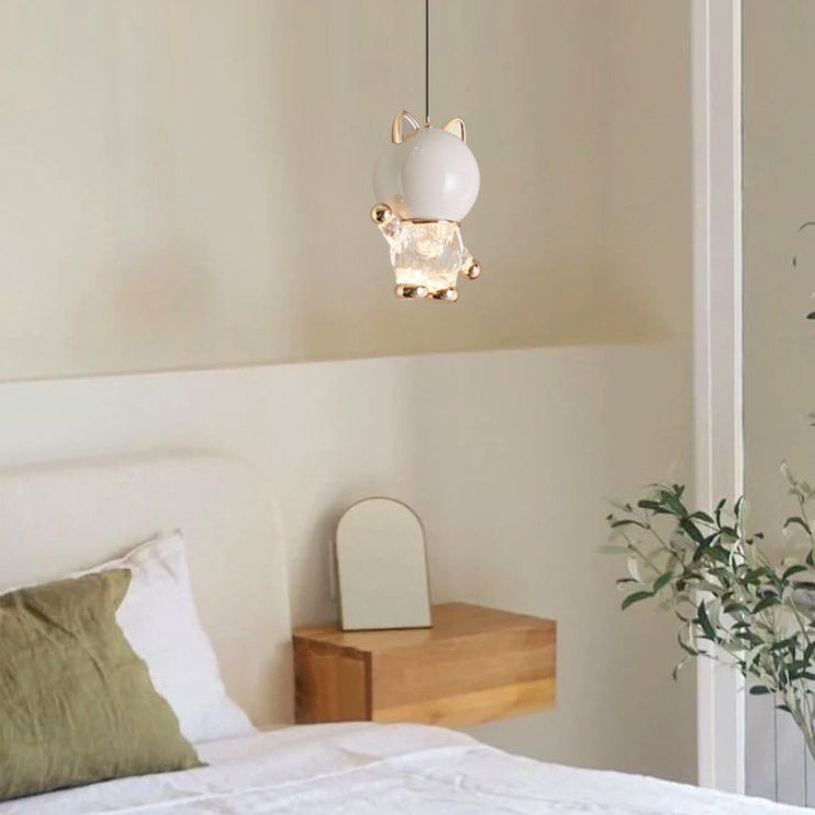Lustre LED en acrylique, fer et alliage de zinc avec chat de dessin animé créatif contemporain pour enfants, levable, pour table de chevet 