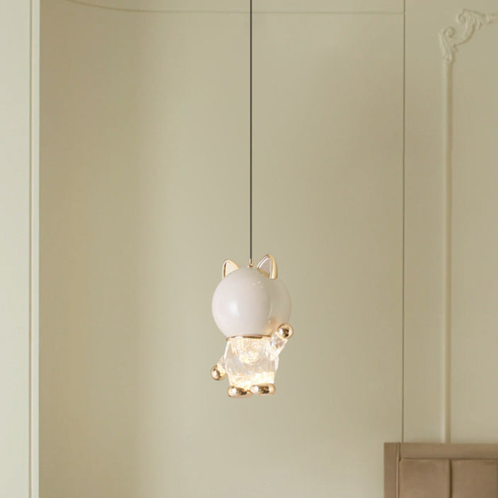 Lustre LED en acrylique, fer et alliage de zinc avec chat de dessin animé créatif contemporain pour enfants, levable, pour table de chevet 