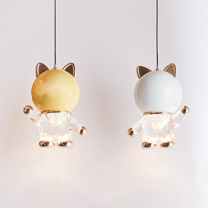 Lustre LED en acrylique, fer et alliage de zinc avec chat de dessin animé créatif contemporain pour enfants, levable, pour table de chevet 