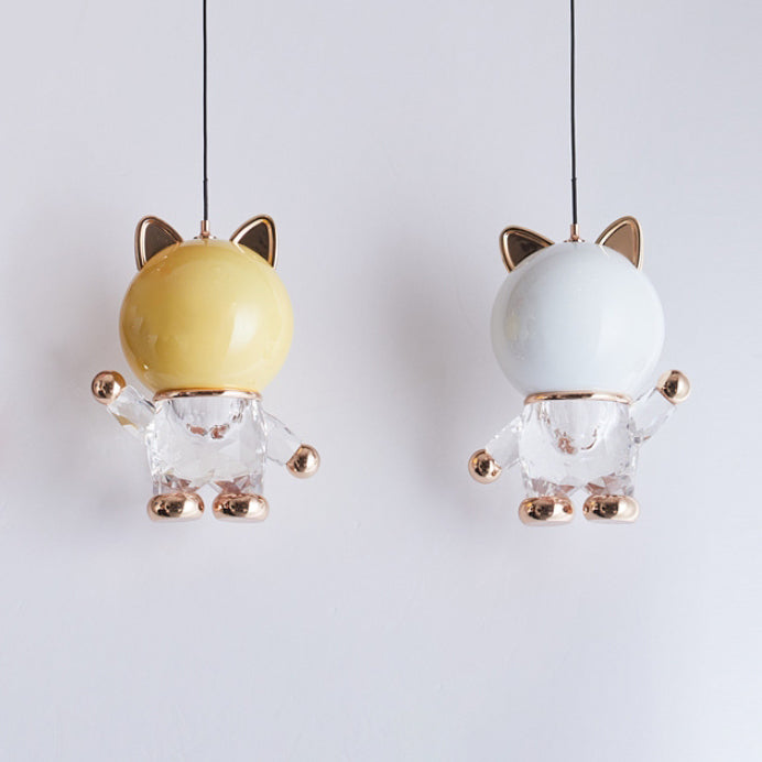 Lustre LED en acrylique, fer et alliage de zinc avec chat de dessin animé créatif contemporain pour enfants, levable, pour table de chevet 