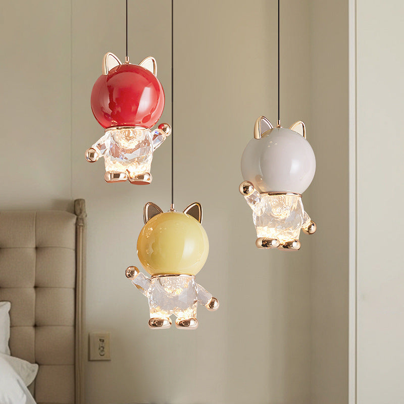 Lustre LED en acrylique, fer et alliage de zinc avec chat de dessin animé créatif contemporain pour enfants, levable, pour table de chevet 