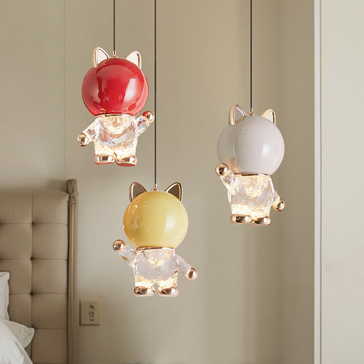 Lámpara colgante LED de aleación de zinc, hierro y acrílico con diseño de gato de dibujos animados contemporáneo para niños, levantable, para la mesita de noche 