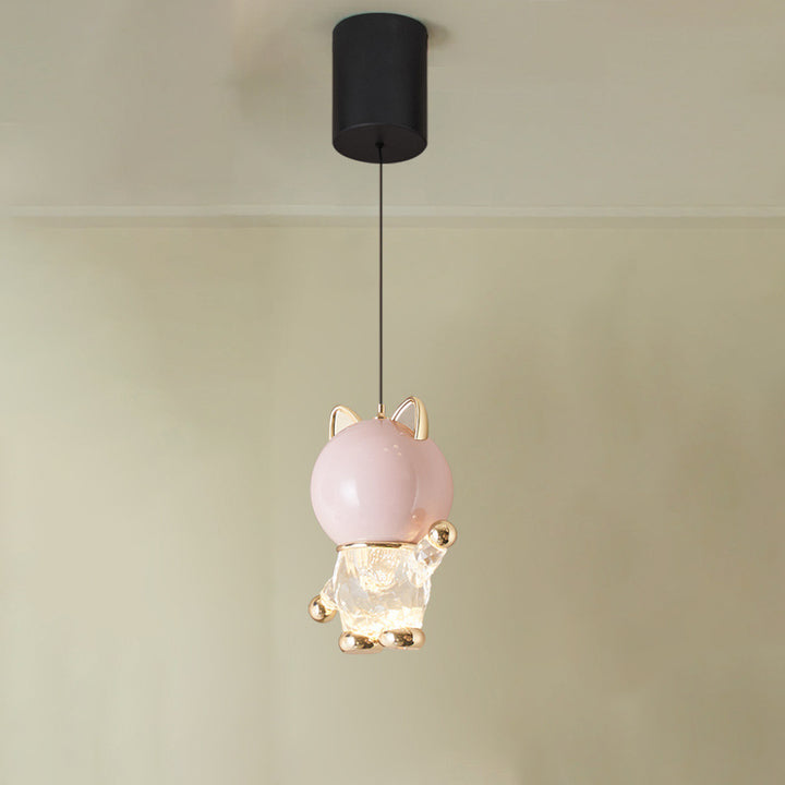 Lustre LED en acrylique, fer et alliage de zinc avec chat de dessin animé créatif contemporain pour enfants, levable, pour table de chevet 