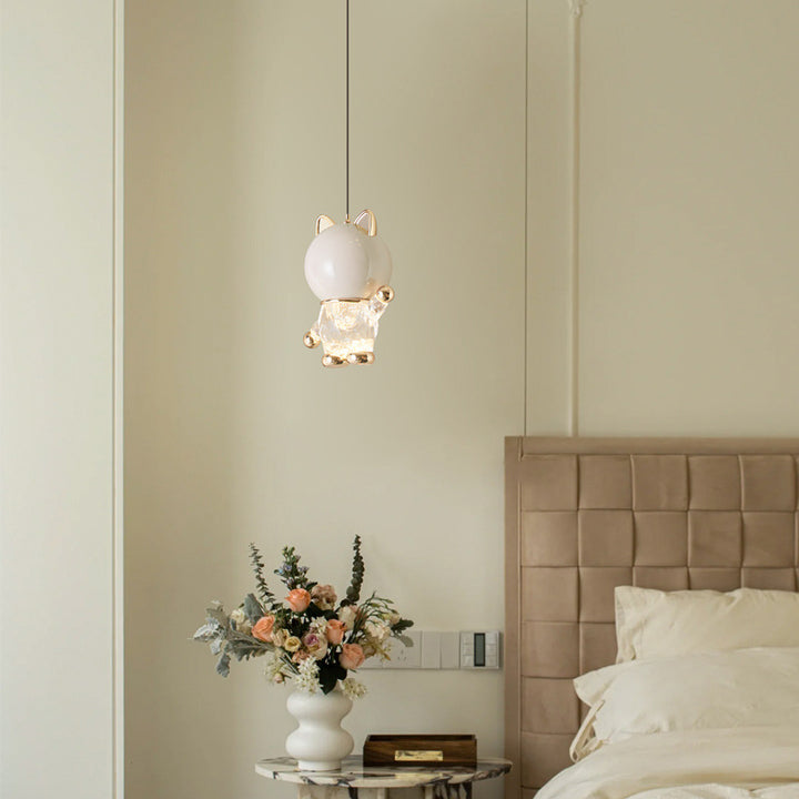 Lustre LED en acrylique, fer et alliage de zinc avec chat de dessin animé créatif contemporain pour enfants, levable, pour table de chevet 